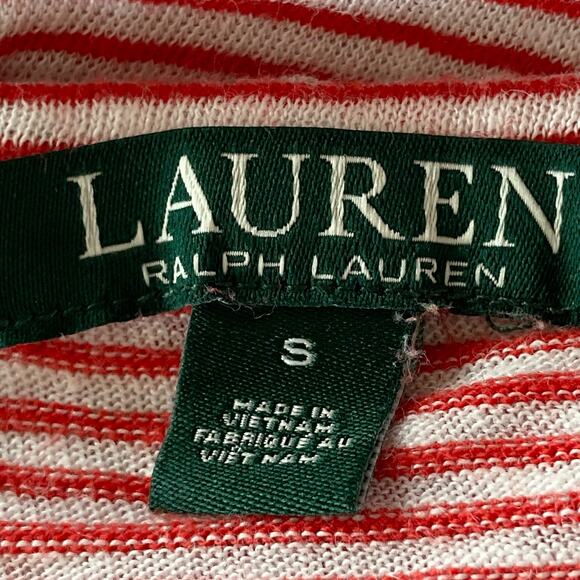 Lauren Ralph Lauren Red White Striped Bell Sleeve Tee SMALL Linen Coastal Beachy - Picture 7 of 8